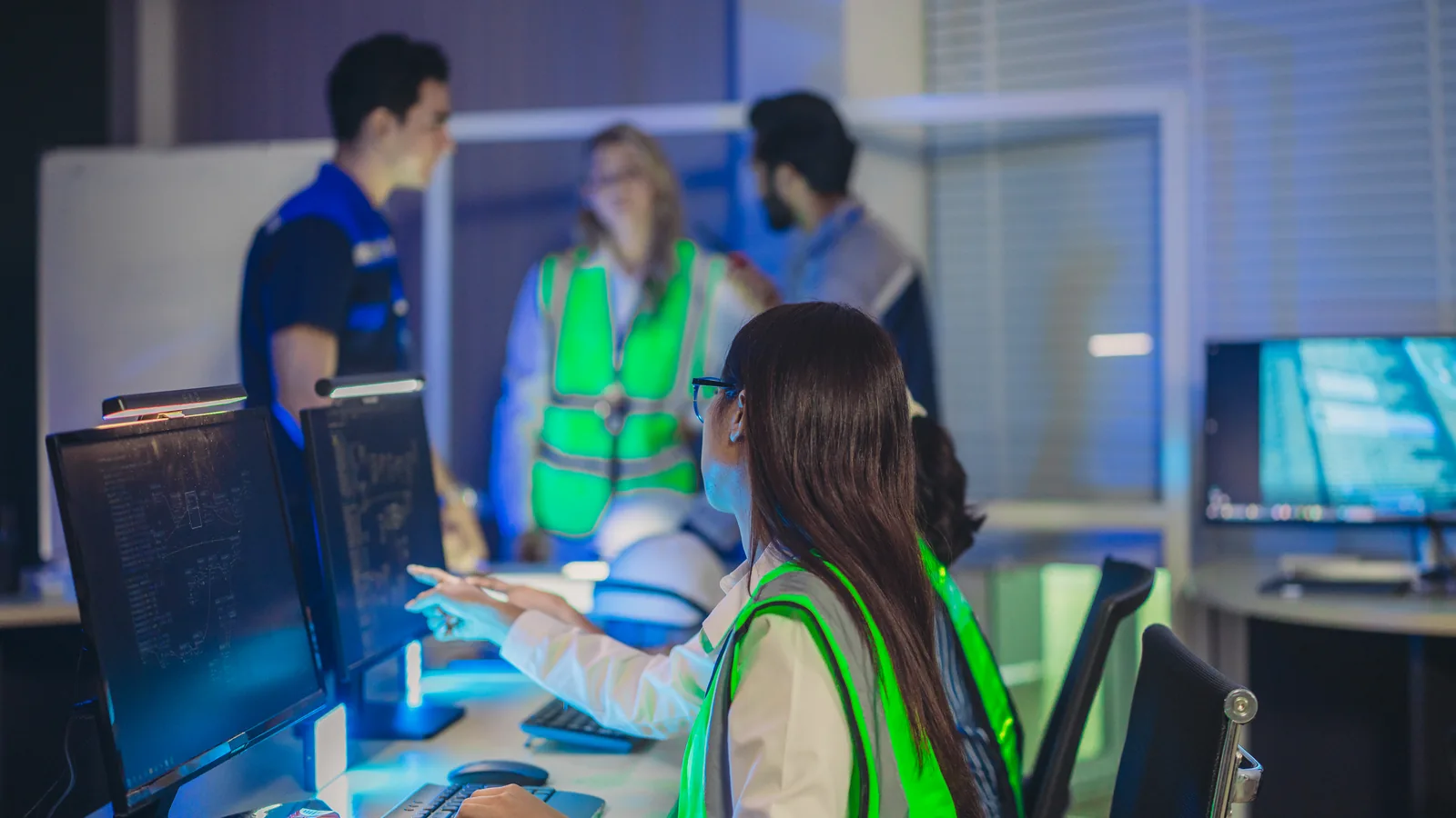 Une professionnelle en gilet de sécurité travaille devant des écrans dans une salle de coordination.