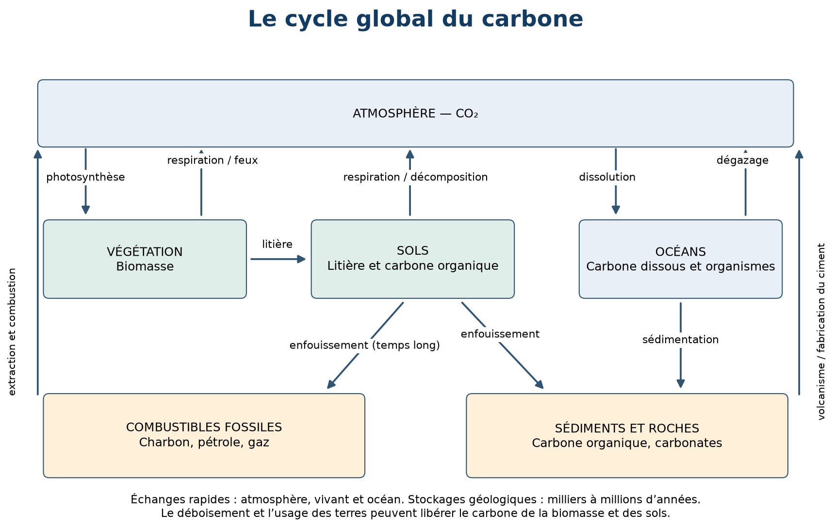 Cycle global du carbone : échanges entre atmosphère, végétation, sols, océans et réservoirs géologiques