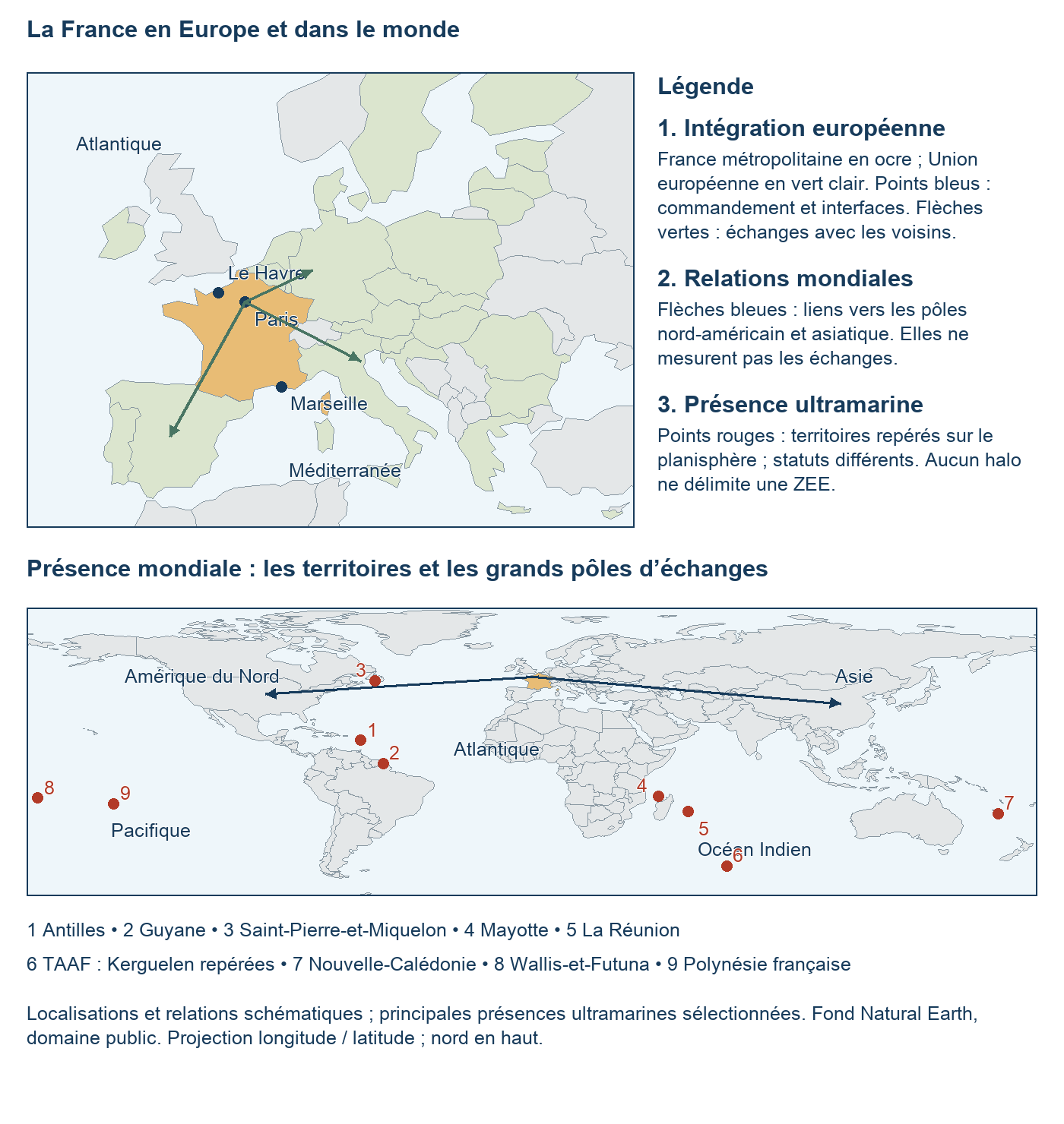 Croquis de la France en Europe et dans le monde, avec légende organisée