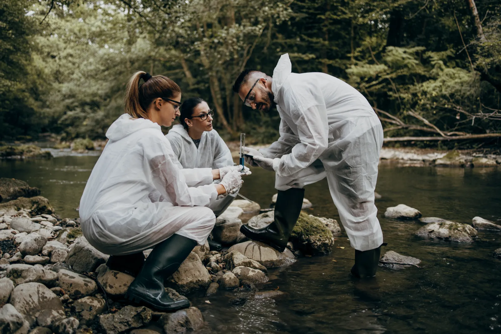 Trois personnes examinent un prélèvement d’eau au bord d’une rivière.