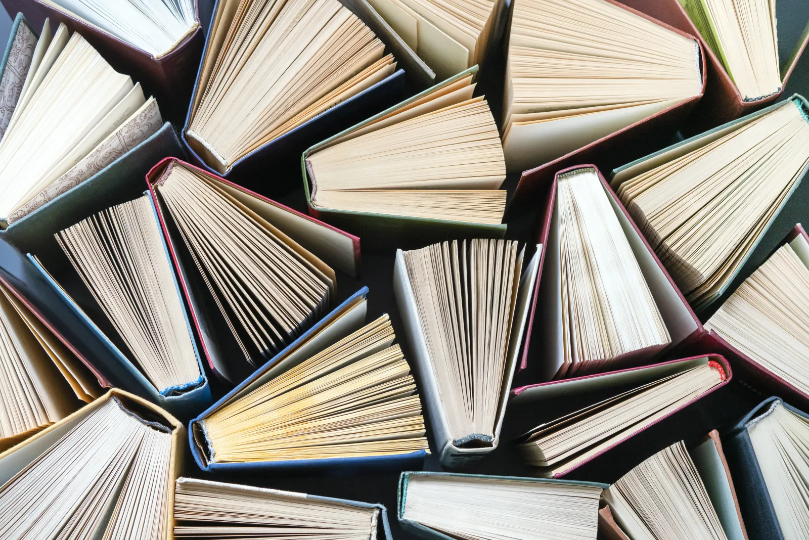 Plusieurs livres ouverts sont disposés côte à côte, vus du dessus.