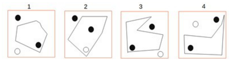 Quatre polygones numérotés contenant ou entourant des cercles noirs et blancs.