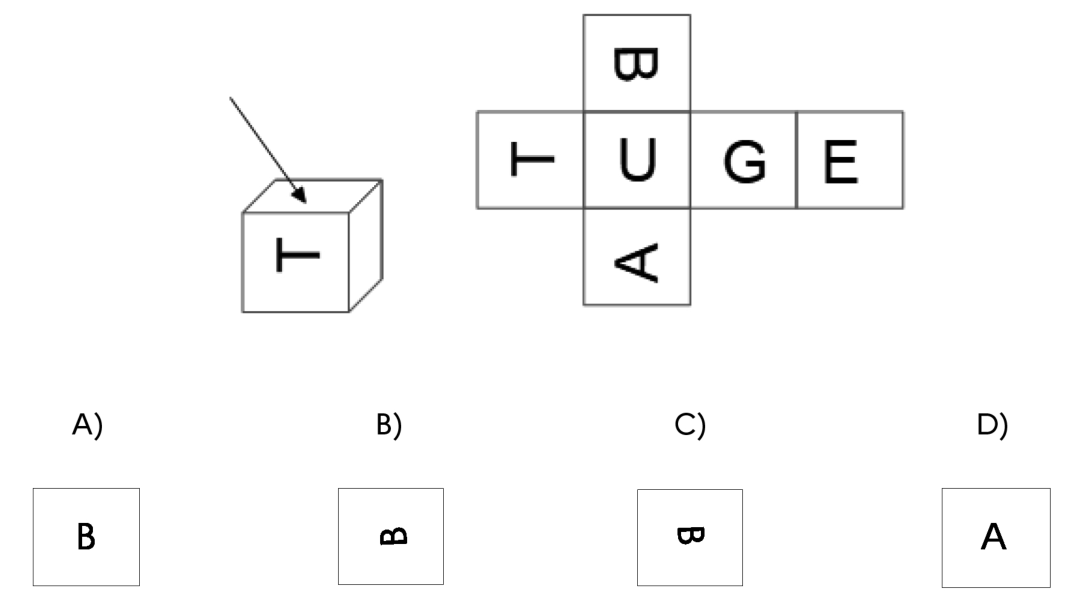 Cube avec une face T, son patron et les quatre orientations de faces proposées.